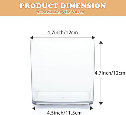 2 Pack Acrylic Cube Vases 5 X 5 Inch, Clear Square Vases, Shatterproof Flower Vase Decorative Centerpiece for Home, Wedding