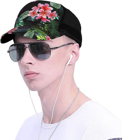 Tropical Pink Flowers Hats Women Men Hawaii Trucker Hat Adjustable Snapback Mesh Baseball Cap Hat