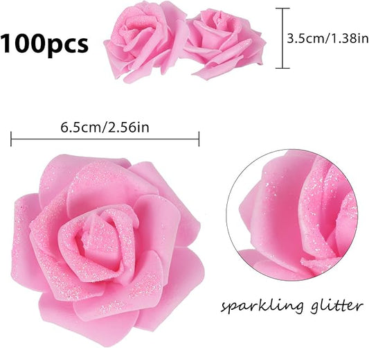 Pink Glitter Roses 100pcs Foam Roses Stemless 2.56" Pink Artificial Roses Glitter Flowers Real Looking Pink Fake Roses for Bridal Shower Decor Flower Wall Wedding Centerpieces (Pink)
