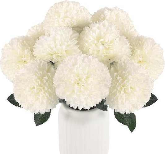 Hananona 12 Pcs Artificial Chrysanthemums Flowers Ball Flower, Fake Mums Flowers White Silk Flowers for Spring Home Decor Indoor Floral Arrangement Table Centerpiece (12, White)