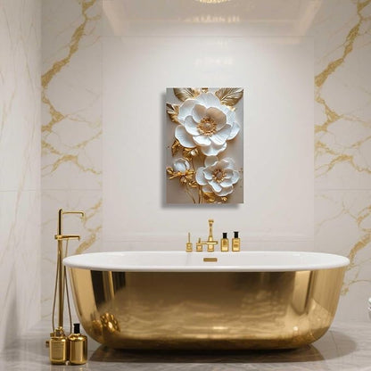 ZSHARTSWD Abstract White & Gold Floral Canvas Wall Art Elegant Flowers Pictures Prints White Flower Golden Leaves Painting Living Room Bathroom Decor Framed (Gold, 18L x 12W)