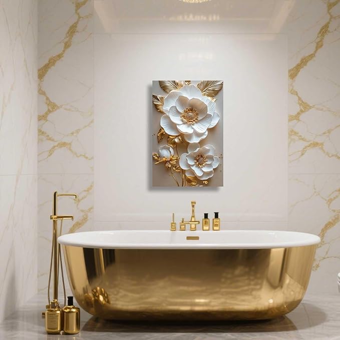 ZSHARTSWD Abstract White & Gold Floral Canvas Wall Art Elegant Flowers Pictures Prints White Flower Golden Leaves Painting Living Room Bathroom Decor Framed (Gold, 24L x 16W)