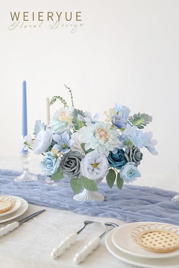 Artificial Flower Box Set Silk Fake Flowers DIY Center Cake Decoration Wedding Bouquet Corsage Home Decor Outdoor Decor Gift (Blue)