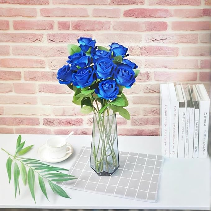 Jasion 12PCS Artificial Roses Realistic Velvet Silk Flowers Long Stem Faux Flowers Bouquet for Wedding Home Party Table Centerpieces Decorations (Blue)