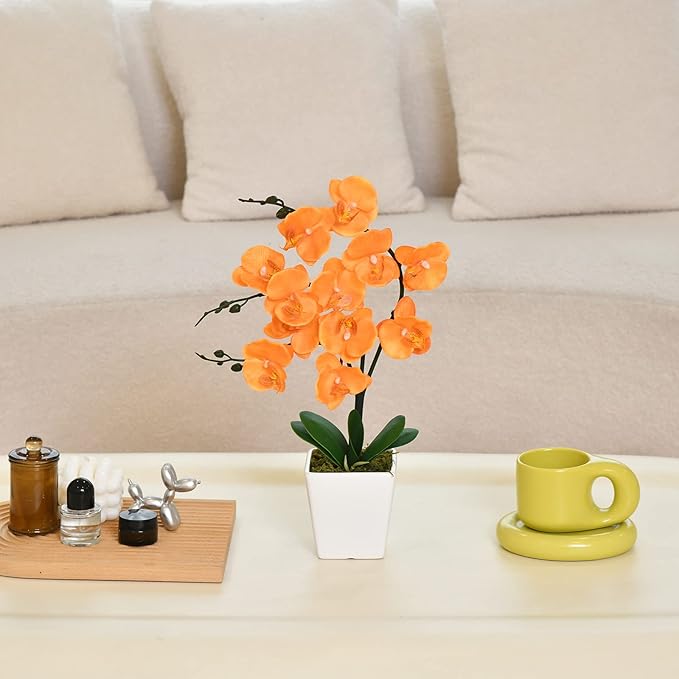 15" Tall Artificial Silk Phalaenopsis Orchid Flower Plant Pot Arrangements (Orange)