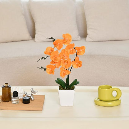 15" Tall Artificial Silk Phalaenopsis Orchid Flower Plant Pot Arrangements (Orange)