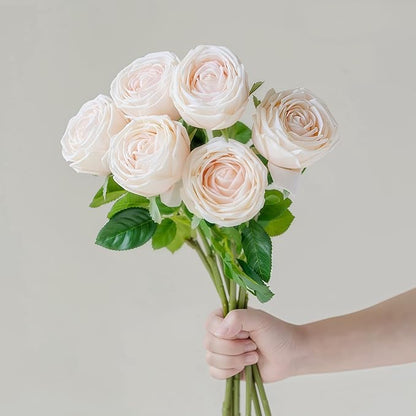 5Pcs Light Pink Real Touch Artificial Silk Flowers with Stems - Lifelike Latex Austin Rose Peony for Wedding Bouquets, Home Decor, DIY Floral Arrangements
