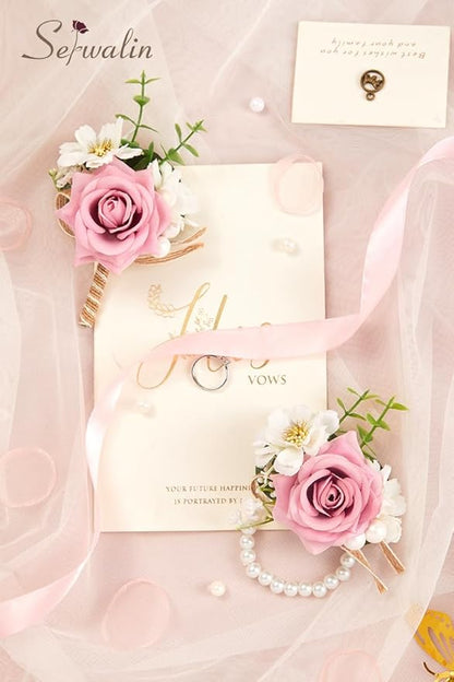 Serwalin Pink Rose Corsage and Boutonniere Set, Prom Flower Wrist Corsage Bracelets, Homecoming Roses Corsage Wristlet and Men Boutonniere for Wedding Flowers Accessories Prom Suit Decorations