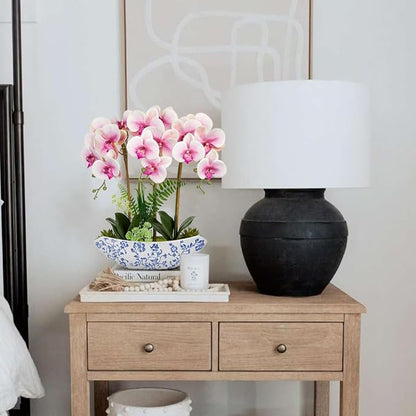 Briful Orchid Artificial Flowers 18in Pink Fake Orchid Silk Flowers with Blue and White Ceramic Pot Faux Phalaenopsis Arrangement for Home Office Room Dining Table Centerpiece Modern Decor