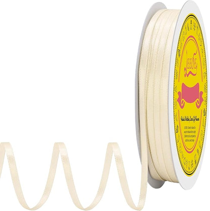 Double Face Cream Satin Thin Ribbon 1/8 inch X 100 Yards Polyester Cream Ribbon for Gift Wrapping Very Suitable for Weddings Party Hair Bow Invitation Decorations and More