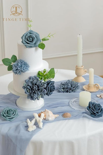 TINGE TIME Artificial Flowers Combo Box Set, Dusty Blue Roses Gradient Color Fake Roses with Stems for DIY Wedding Bouquets Table Centerpieces Baby Shower Home Party Floral Arrangements Decorations
