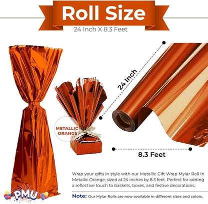 PMU (2 Gift Wrap Mylar Roll Metallic Orange 2-sided, 24 Inches X 8.3 Ft Roll 1.4 Mil Highly Reflective Mylar Film, Great for Gifts, Birthdays, Christmas, Baskets, Arts & Crafts