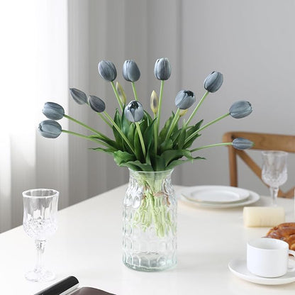 15pcs Fall Blue Tulips Artificial Flowers Real Touch Latex Fake Tulips Flower Soft Faux Tulip Bouquets Arrangements for Party Wedding Home Garden Outdoors Decor