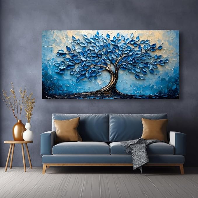 LAVIKARS Modern Tree of Life Wall Art for Living Room Office Navy Blue Abstract Oil Landscape Canvas Painting Prints Large Nature Artwork Home Kitchen Bedroom Decor (23x46 Inches)