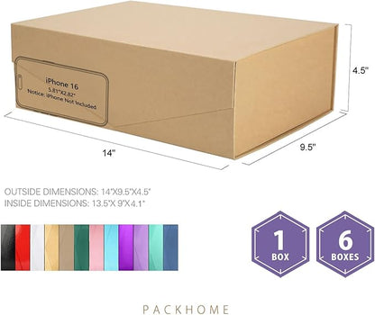 PACKHOME Large Gift Box with Lid 13.5x9x4.1 Inches, Sturdy Collapsible Gift Box with Magnetic Closure (Kraft)