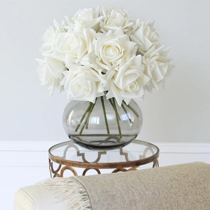 White Flowers Roses Artificial Flowers, 10pcs Soft Real Touch Silk Artificial Roses Stems, Lifelike Faux Rose for Wedding Table Centerpieces Party Home Decoration