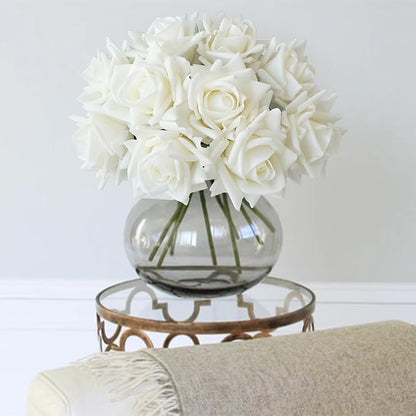 White Flowers Roses Artificial Flowers, 10pcs Soft Real Touch Silk Artificial Roses Stems, Lifelike Faux Rose for Wedding Table Centerpieces Party Home Decoration