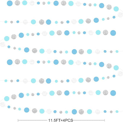 Dusty Blue Silver White Polka Dots Garland Hanging Paper Circle Dot Streamer for Nautical Baby Shower Birthday Wedding Engagement Bridal Shower Retirement Graduation Hen Party Decorations Supplies