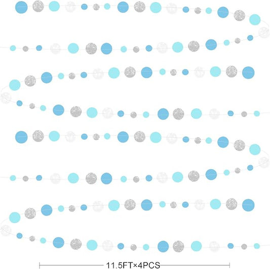 Dusty Blue Silver White Polka Dots Garland Hanging Paper Circle Dot Streamer for Nautical Baby Shower Birthday Wedding Engagement Bridal Shower Retirement Graduation Hen Party Decorations Supplies