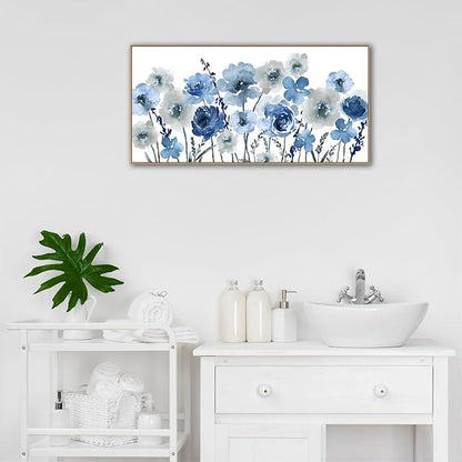 Framed Flowers Canvas Wall Art - Indigo Floral Canvas Pictures Living Room Wall Decor Botanical Canvas Prints Painting Abstract Artwork Bedroom Office Home Decor 20"x 40"