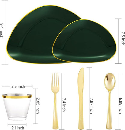 DaYammi 180Pcs Green Plastic Plates, Green Gold Disposable Plates with Gold Silverware Dinnerware Set Include: 30 Dinner Plate,30 Dessert Plate,90 Plastic Cutlery,30 Cups for Christmas Party Holiday