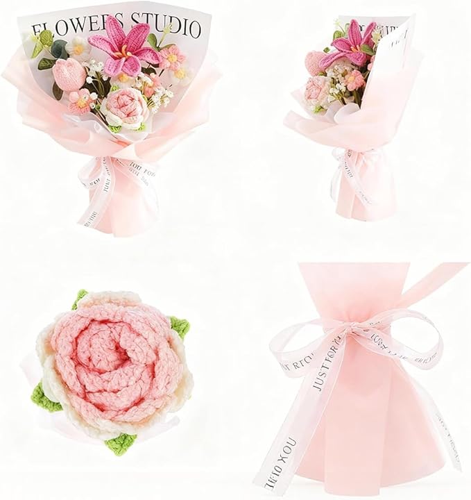 Crochet Flower Bouquet Pink Knitted Flowers, Crochet Tulip Galsang Flower for Lover Anniversary Birthday Party Mother's Day Graduation Gifts