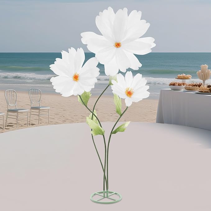 3Pcs Giant Artificial Paper Flowers - Artificial Daisy Flower for Wedding 3-Head Giant Fake Flowers with Standing Stems and Base 6.7ft Tall for Wedding Wall Party & Home Decor (White)