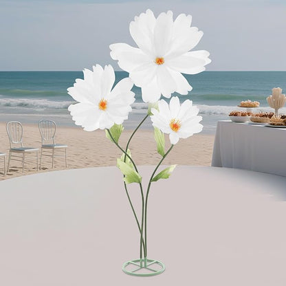 3Pcs Giant Artificial Paper Flowers - Artificial Daisy Flower for Wedding 3-Head Giant Fake Flowers with Standing Stems and Base 6.7ft Tall for Wedding Wall Party & Home Decor (White)