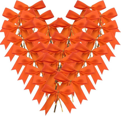 50pcs 3-1/2" Orange Twist Ties Satin Bows in Pumpkin Color Twist Tie Bows for Thanks Giving Halloween Wrapping Fish Tail Cutting(Orange)