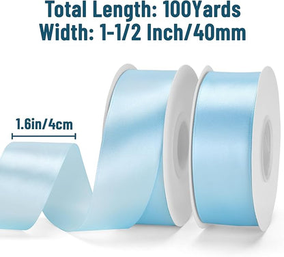 KINGLAKE Baby Blue Satin Ribbon – 1 1/2'' x 100 Yards Polyester Light Blue Ribbon for Gift Wrapping, Baby Shower, Wedding, Party Decoration, DIY Crafts, Floral Bouquets and Wreath Bows