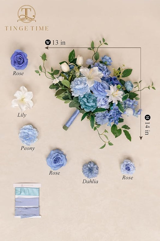 TINGE TIME 13 Inch Wedding Bouquets for Bride,Bridal Bouquet for Bride, Artificial Silk Flowers for Wedding Ceremony and Anniversary (Provence Blue)
