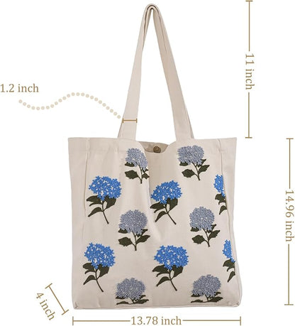 Aesthetic Embroidery Tote Bag for Lady Cute Reusable Canvas Shoulder Bag for Girls Women Shopping Grocery