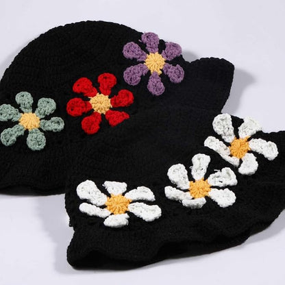 Crochet Bucket Hat for Women Flower Knit Hat Hollow Out Foldable Cap Hats