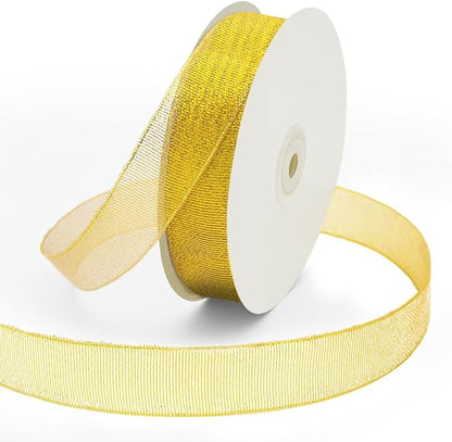 KMER LIFE 1 Inch x 50 Yards Glitter Gold Ribbon, Sparkly Metallic Fabric for Gifts Wrapping, Crafts, Sewing, Decoration - Christmas, Valentine's Day