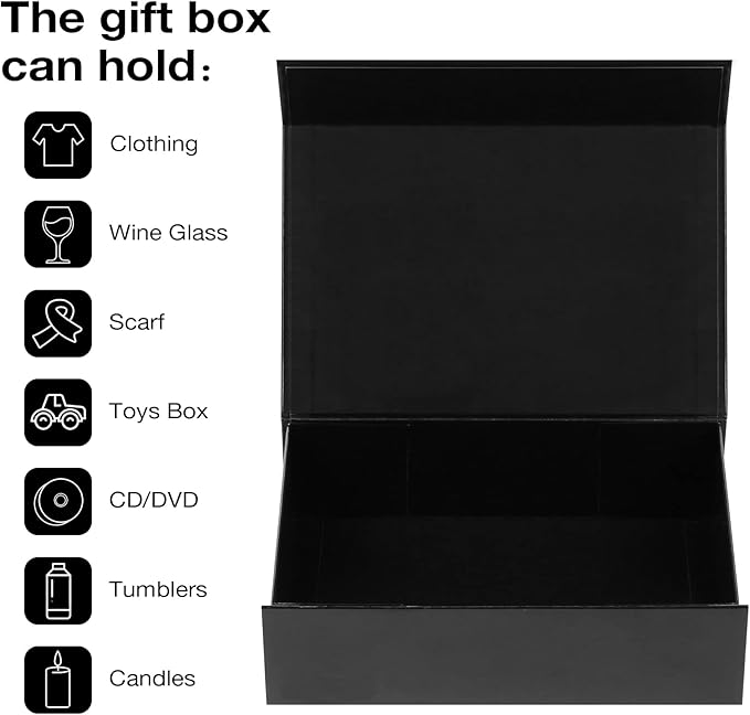 Aimyoo 3 Pack Black Collapsible Gift Box with Magnetic Closure Lids 10.5x7x3 in, Bridesmaid Groomsmen Proposal Box, Medium Rectangle Box for Present Graduation Wedding Storage