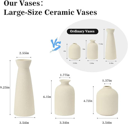 Christmas Ceramic Flower Vases Set of 3, Large Xmas Gift Vases with Vertical Stripe Texture, Modern Decorative Vases for Dried Flowers, Home Decor for Living Room Bedroom Kitchen Shelf(Beige)