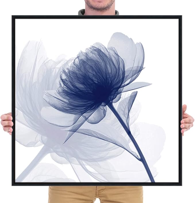 Wieco Art Framed Wall Art Blue Flickering Flower Abstract Canvas Art Large Floral Pictures Prints on Canvas Modern Artwork for Living Room Decoration Bedroom Home Decor
