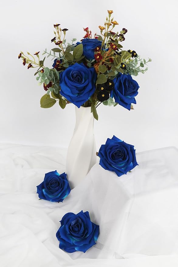 Blue Artificial Roses 16pcs Velvet Royal Blue Roses Silk Flowers 3.94" Fake Blue Roses Artificial Flowers for Wedding Flowers for Centerpieces Home Party Decor (Royal Blue)