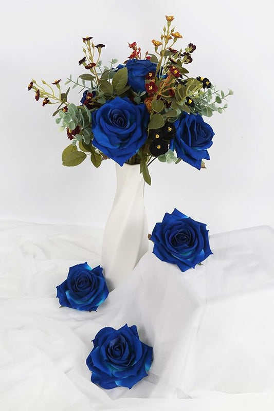 Blue Artificial Roses 16pcs Velvet Royal Blue Roses Silk Flowers 3.94" Fake Blue Roses Artificial Flowers for Wedding Flowers for Centerpieces Home Party Decor (Royal Blue)