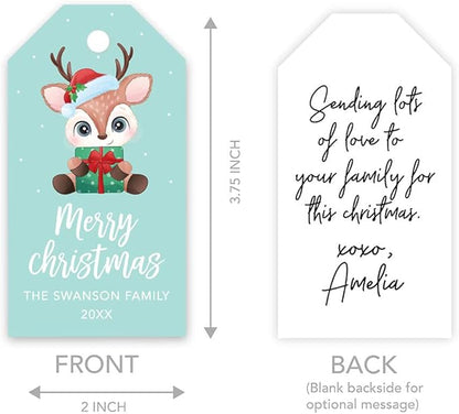 Andaz Press Personalized Christmas Holiday Season Classic Gift Tags, Merry Christmas Baby Reindeer with Santa Hat Design, Custom Family Name and Year, for Holiday Events, Parties, and Favors, 60-Pack