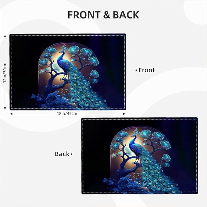 Blue Peacock Placemats Set of 4, Peacock Tree Place Mats Washable Double-Sided Table Mats for Kitchen Dining Room Home Party Indoor Decor 4 PCS 12x18 Inch