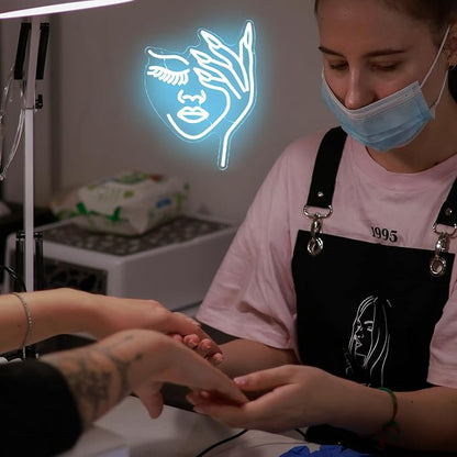 Woman Face Neon Sign Nails Finger LED Signs Lady Lash Neon Light Blue Dimmable Nail Gesture Neon Wall Sign for Bedroom Girls Room Beauty Salon Decor Aesthetic Wall Art Gifts