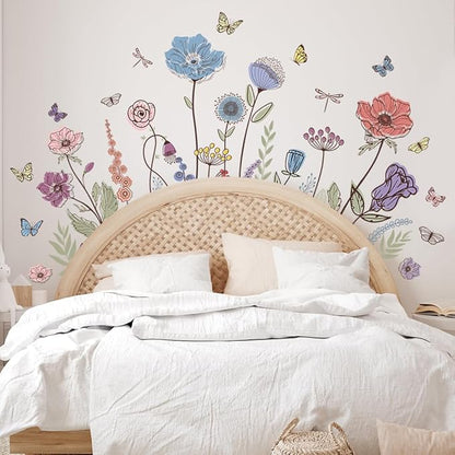 Flower Wall Decals Wildflower Grass Wall Stickers Vintage Floral Butterflies Dragonfly Wall Art Sticker Peel and Stick Bedroom Nursery Wall Decor