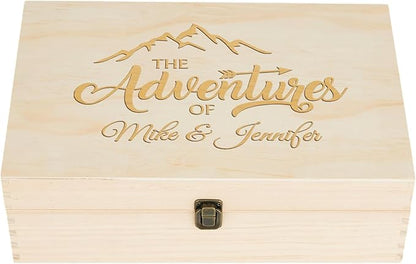 Personalized Wooden Keepsake Box Custom Engraved Adventure Memory Box for Couples Travel Souvenirs Photos Letters - Storage Memento Boxes for Wedding Gifts Newlyweds Anniversary Valentine's Day Gift