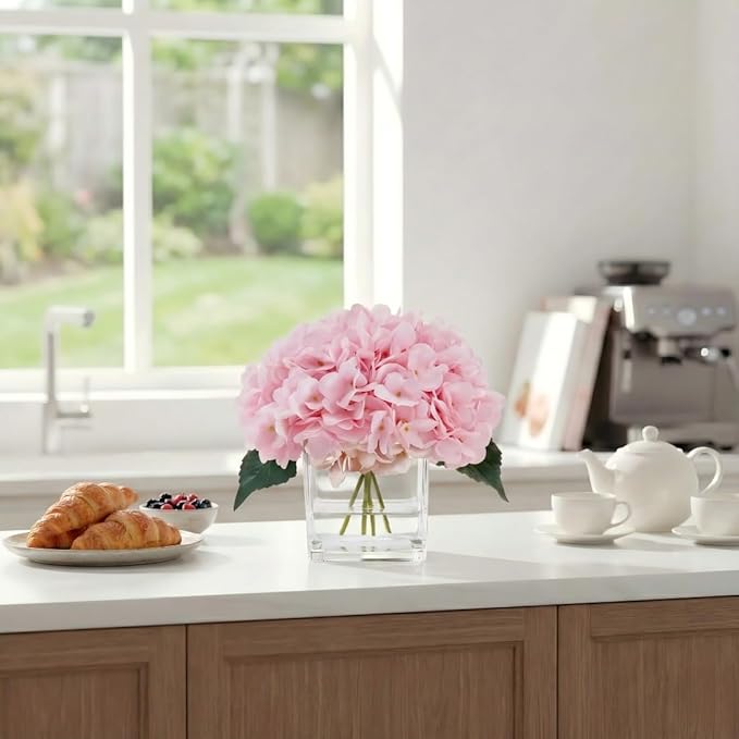 Silk Pink Hydrangea Artificial Flowers in Vase with Faux Water, Silk Flower Arrangements in Vase for Home Decor, Wedding Table (Pink)
