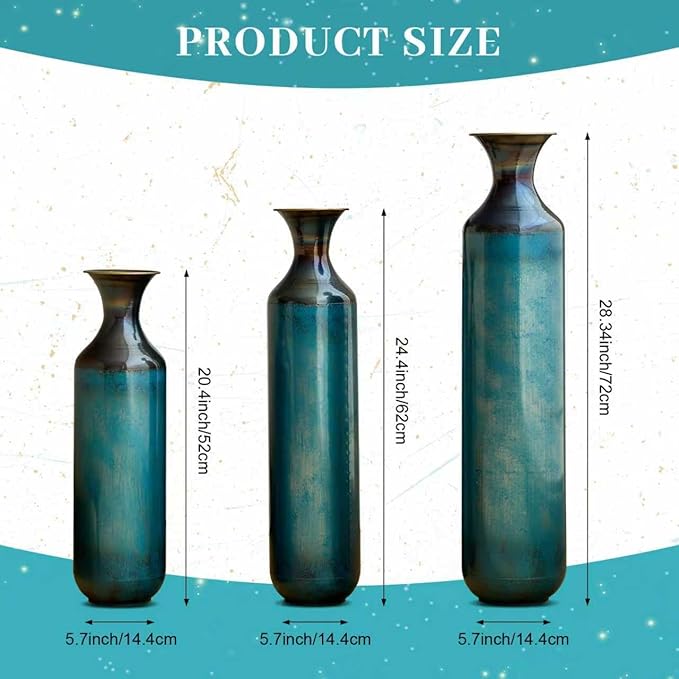 Floor Oversized Gold Metal Decorative Vase with 3D Triangle Pattern Set of 3 Large Vases for Home Living Room 33.5 ", 29.5 ", 25.2" High (Aqua Blue)