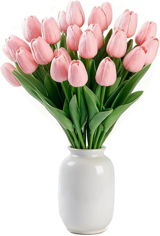 Pink Faux Tulips (20 Pcs) - Premium PU Artificial Flowers for Christmas & Thanksgiving Table Setting, Winter DIY Home Decor - 13.5" Real Touch