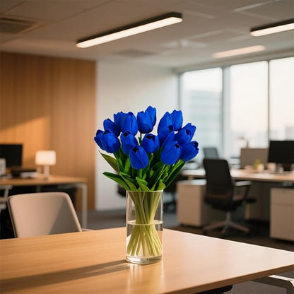 20pcs Blue Faux Tulips Flowers Fake Flowers Bouquets 13.5" Mother's Day Easter Valentine’S Day Gifts in Home Kitchen Wedding Dining Table Decorations Aesthetic No Odor