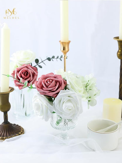 Meldel Artificial Flower 25pcs Real Touch Ivory Fake Foam Roses with Stems for DIY Wedding Bouquets Gifts White Bridal Shower Faux Floral Centerpieces Arrangements Home Party Tables Decorations