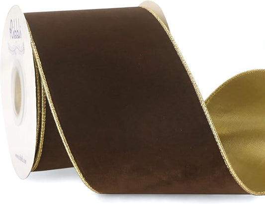 Ribbli Brown Velvet Wired Ribbon 4 Inch Luxury Matte Velvet Christmas Ribbon for Gift Wrapping Christmas Tree Decoration Crafts Wreaths Supplies - 10 Yards